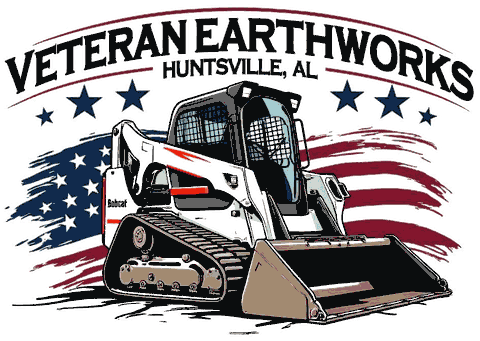 Veteran Earthworks logo: Bobcat skid steer over an American flag, Huntsville, AL